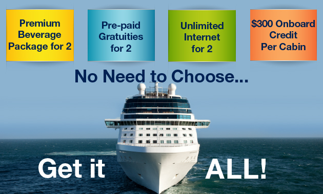 Celebrity Cruises with FREE: Beverage Packages, Gratuities, Internet and Onboard Credit. Call 800-329-9002 for more info