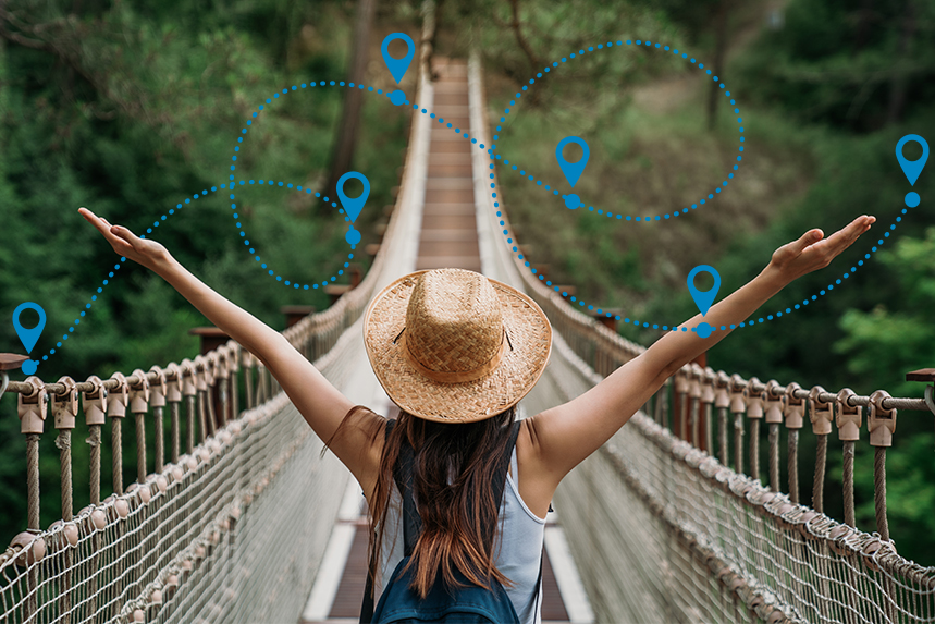 Woman with Oustretched Arms on Bridge