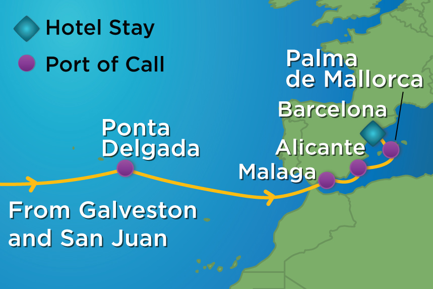 18nt Transatlantic VIP, Galveston to Barcelona Map